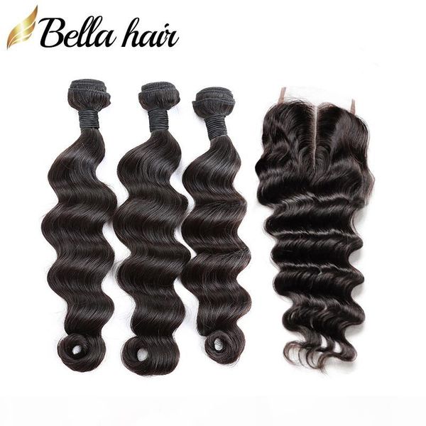 

bella hair 100% unprocessed human virgin hair bundles with closure 4x4 loose deep brazilian hair 3 bundles and closure 4pcs lot, Black
