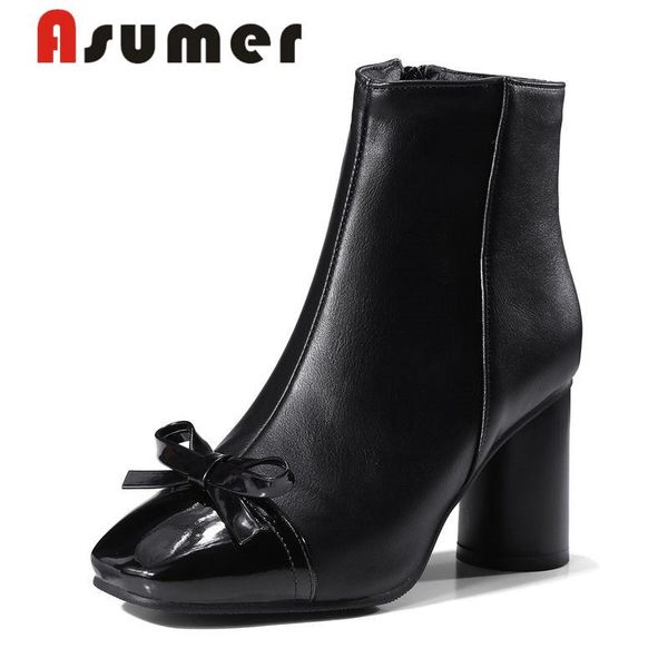 

asumer new 2021 темперамент лодыжки ботинок для женщин солидные pu высокие каблуки сапоги толстые каблуки квадратный носок простые лучи зимн, Black