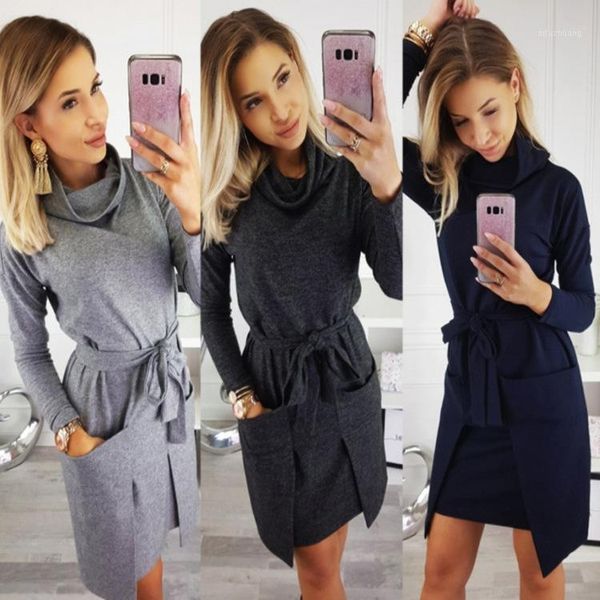 

2020 autumn and winter new women's shirt high collar long sleeve pocket dress women's tight waist bow sweatshirt plus size1, Black;gray