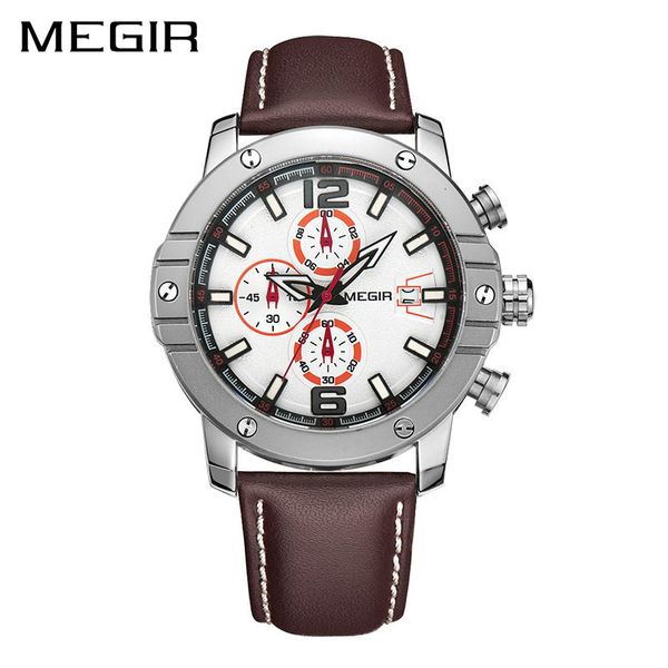 

new arrival time-limited fashion designers wristwatches waterproof megir meager new style mens genuine leather watch ing, Slivery;brown