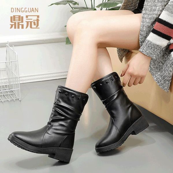 

snow boots ladies single leather short boots boots fashion warm and cashmere women's shoes in stock, Black