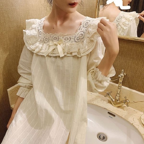 

spring autumn vintage cotton women's long nightgowns princess lace embroidery sleepwear elegant female night dress y200425, Black;red