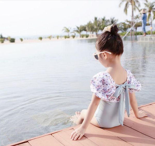 

children's swimwear girls' swimsuit one piece floral foam sleeve cute fashion spring swimming