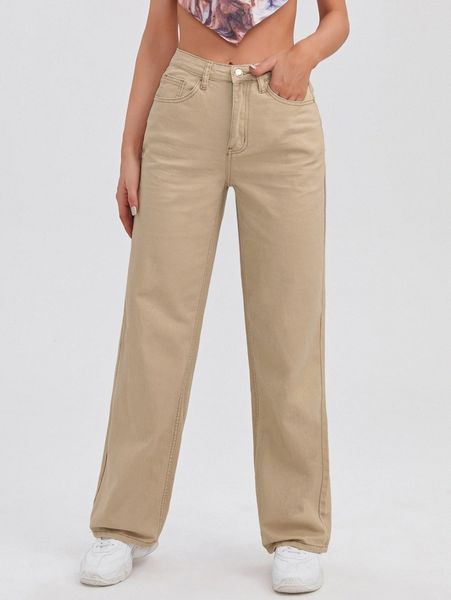 

high waist slant pocket straight jeans s9jj#, Blue