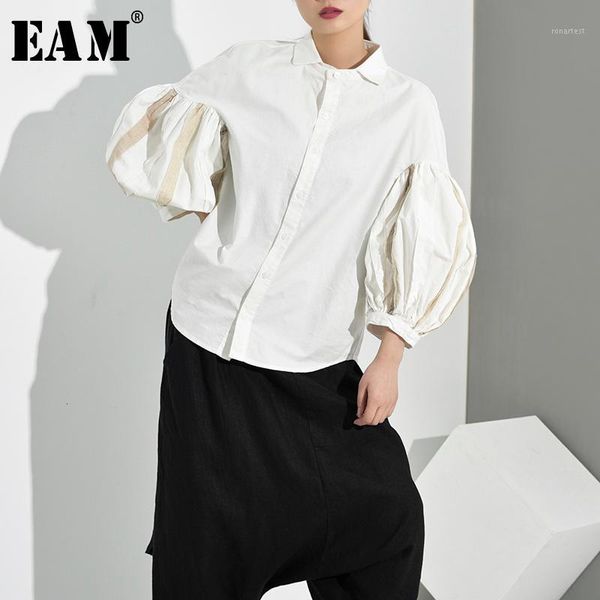 

eam] women white tassels split temperament blouse new lapel long sleeve loose fit shirt fashion tide spring autumn 2019 je82001