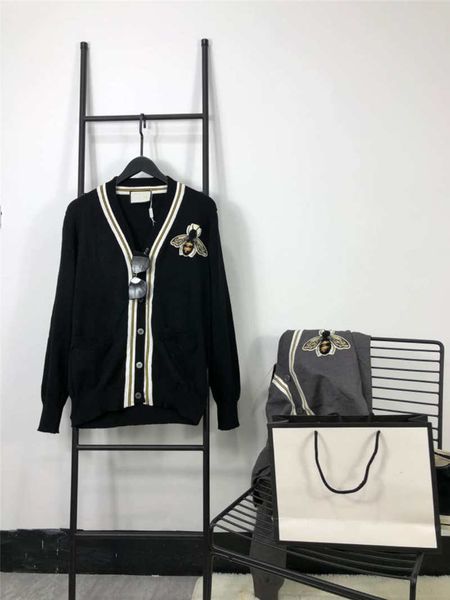

women sweater cardigan wool shirts spring winter sweatshirts bees embroidery with button cardigan for lady sweaters cardigan, White;black