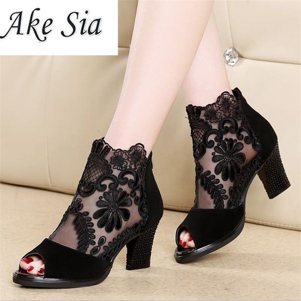 

summer mesh peep toe sandals heels single shoes women shoes in europe and america spring and summer gauze mujer y200113, Black