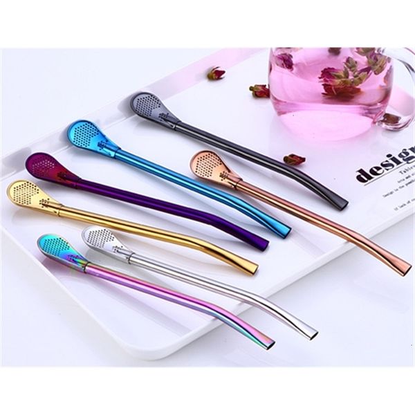 

7 colors 304 stainless steel creative spoon drinking straws bent filter straw drink tea coffee spoons luxury stir bar ktv accessories