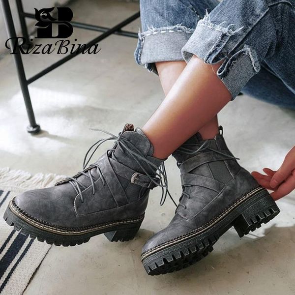 

rizabina size 33-43 winter women ankle boots classic round toe lace up high heel boots keep warm shoes women footwear, Black