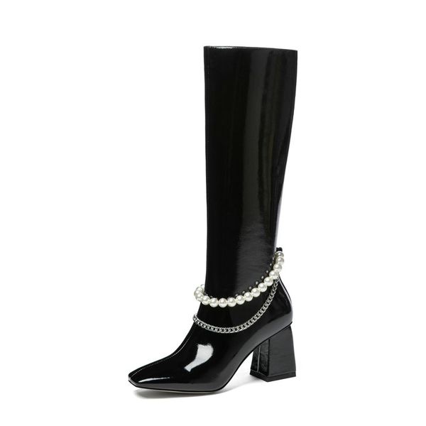 

2021 новое прибытие женский knee high boots pearl украшения side zipper высокие каблуки обувь зимняя партия рабочая обувь женщина, Black