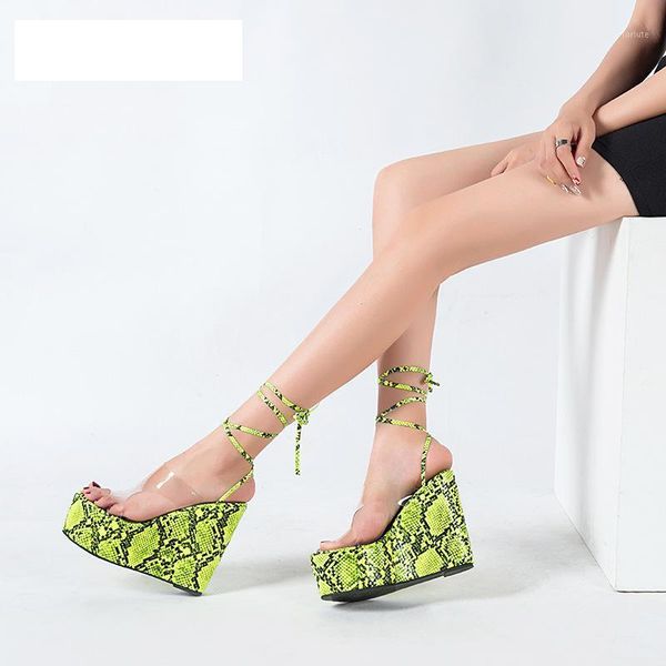 

transparent sandals women summer fashion snake pattern open toe wedge heels high heels green sandals ankle strap1, Black