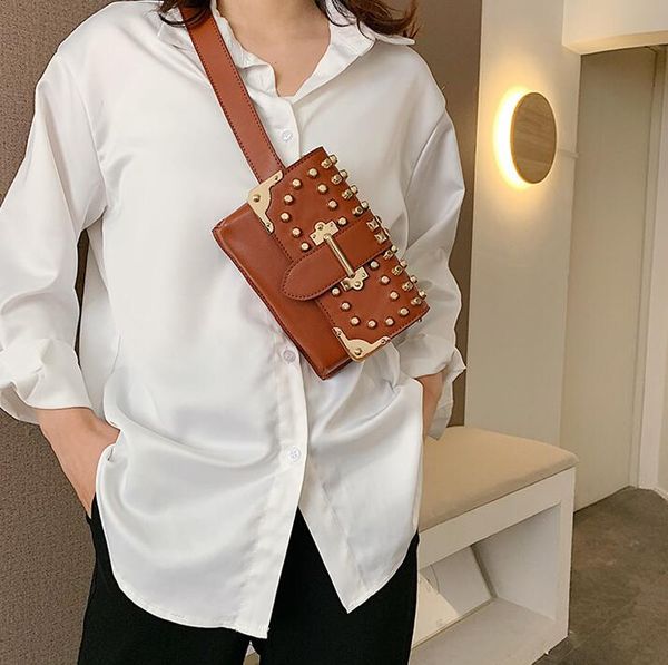 

female rivet waist bag ins women chest bag single chain shoulder crossbody double shoulder strap