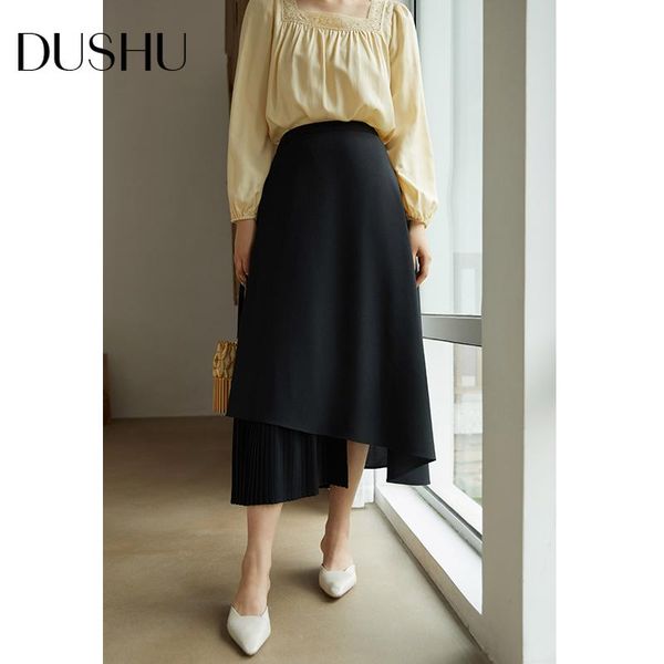 

dushu high waist black long pleated skirt women a-line elegant asymmetrical skirt autumn winter vintage female plus size