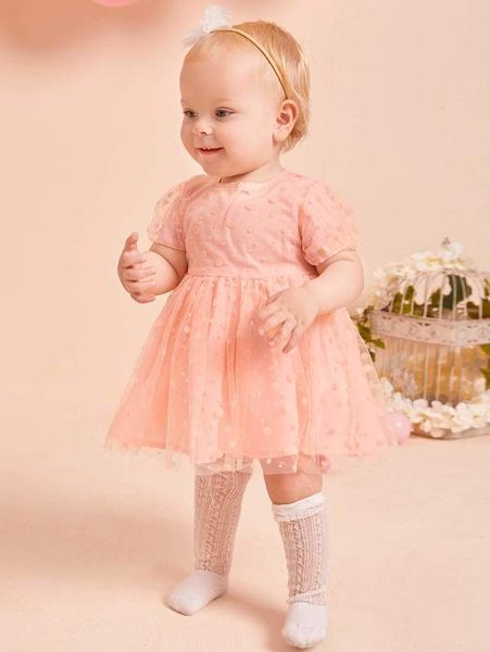 

baby puff sleeve polka dot mesh dress she, Red;yellow