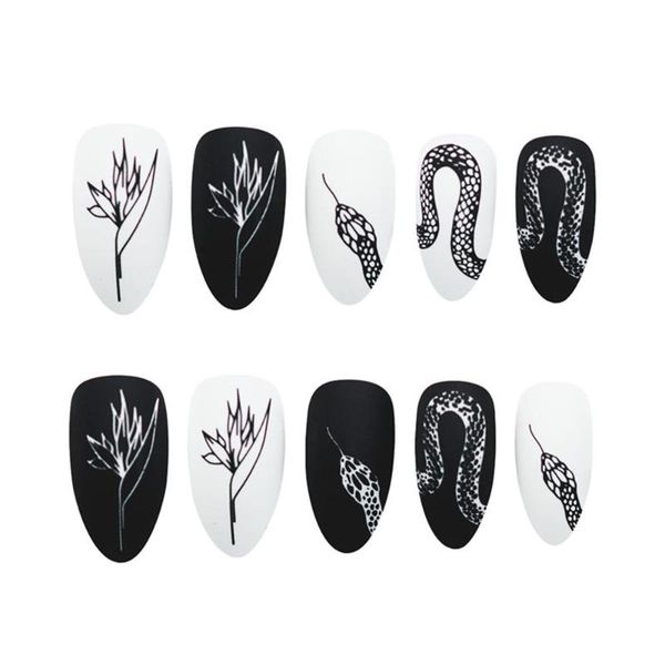 

false nails 24pcs/set long high heels fake punk snake pattern black and white matte artificial full nail tips manicure tool, Red;gold