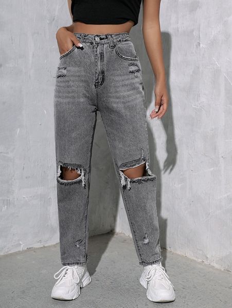 

ripped detail mom jeans x0eb#, Blue