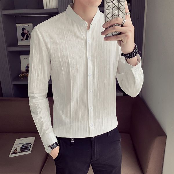 

leisure youth literature and art inch men's korean white fashion stand collar handsome shirt long sleeve slim autumn, White;black