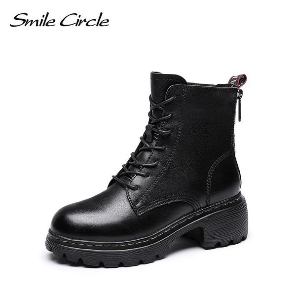 

smile circle genuine leather ankle boots women chunky high heels short boots ladies shoes autumn winter, Black