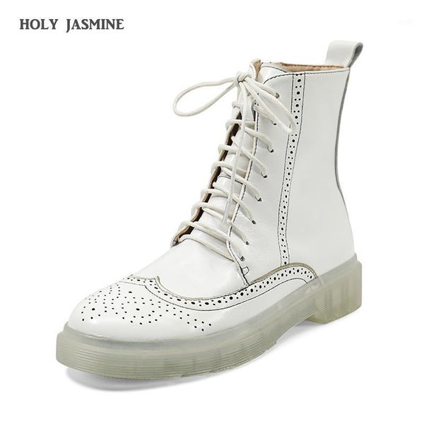 

boots female 2021 autumn winter genuine leather women booties fashion lace up white shoes ankle for1, Black