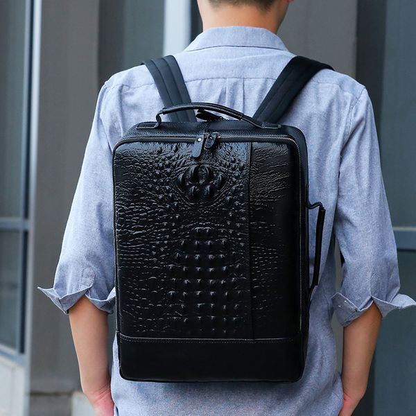 Atacado homens sacos de ombro esportes ao ar livre lazer mochilas de couro primeira camada em relevo moda computador saco rua tendência preto mochila de viagem 8333