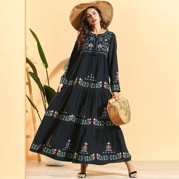 

casual dresses siskakia chic floral embroidery long-sleeved maxi long dress ethnic fashion black layered pleated arab oman muslim 1, Black;gray
