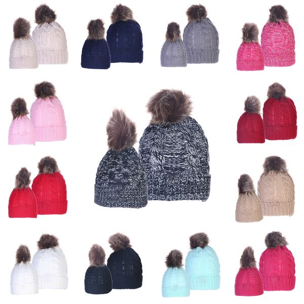 

luxury-parent-child pom pom beanie 13 colors mom kids knitted cap women child winter warm pompom hats skullies beanie hat 2pcs/set ooa7503-2, Blue;gray