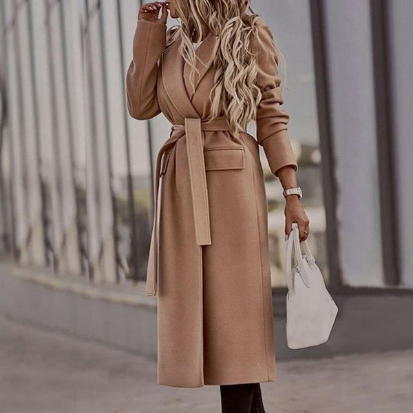 

women warm woolen long coat belt turn-down collar long sleeve autumn winter solid slim cardgian coat for streetwear, Black