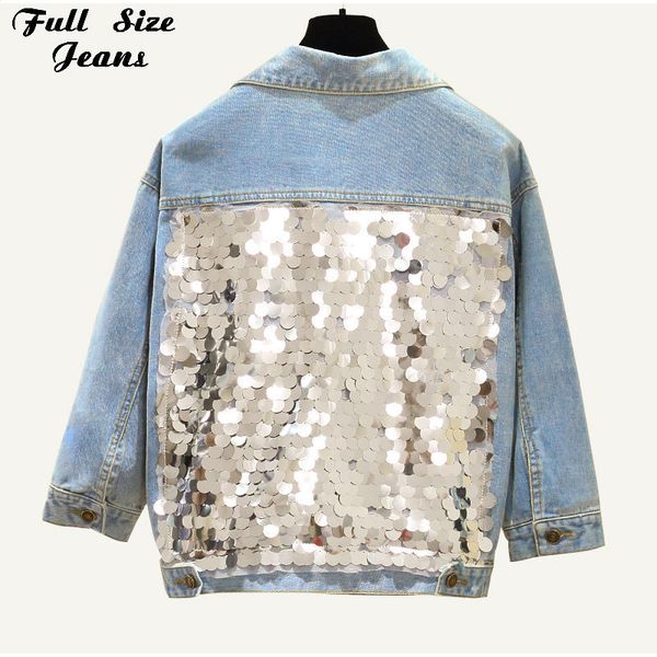 Plus Size Harajuku Back Sequins Short Denim Giacche 3XL 4XL Donne Light Blue Tre Quarter Sleeve Bomber Giacche mamma Jean 201023