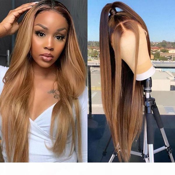 

bib 13x4 straight honey blond ombre highlight 150% lace front human hair wigs for women remy brazilian pre plucked closure wig, Black;brown