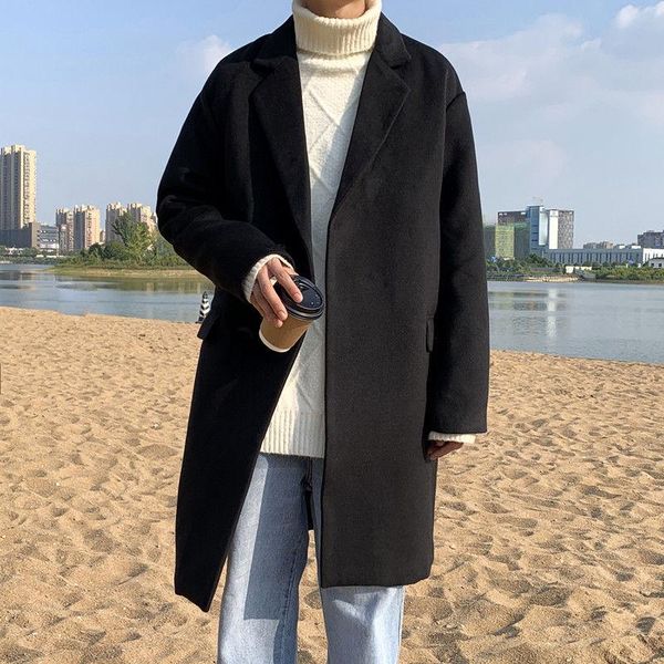 

winter plus cotton thick woolen coat men's fashion casual long woolen coat men loose korean oversize mens overcoat, Black
