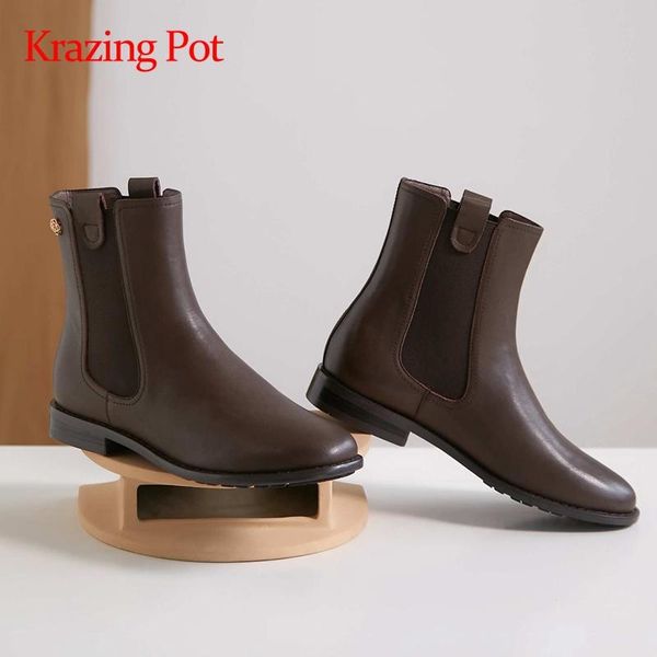 

krazing pot 2020 winter new boots simple style natural leather stretch round toe thick low heel slip on gorgeous ankle boots l22, Black