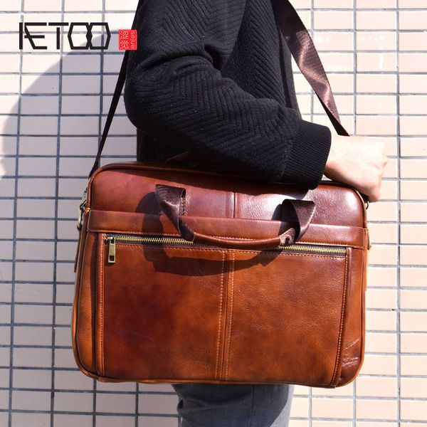 

aetoo genuine leather bag cowhide men crossbody men's travel shoulder bags tote lapbriefcases handbags brown