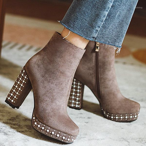 

boots faux suede ankle women thick heel platform woman fashion square toe zipper short female camel party shoes1, Black