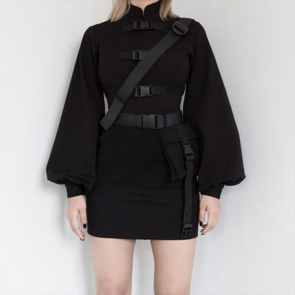 

punk black buckle mini bodycon dress vintage cheongsam long sleeve women dress streetwear gothic female dresses, Black;gray