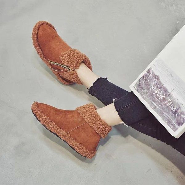 

women's plus velvet warm korean-style flat boots female casual fashion flat heel short boots solid color snow solid color, Black