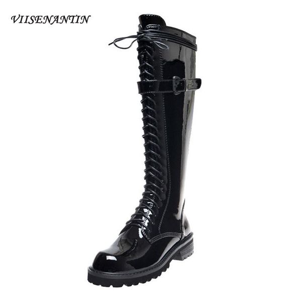 

boots stars same belt buckle motorcycle straps bright leather thick heel british handsome knight shiny black shoes women