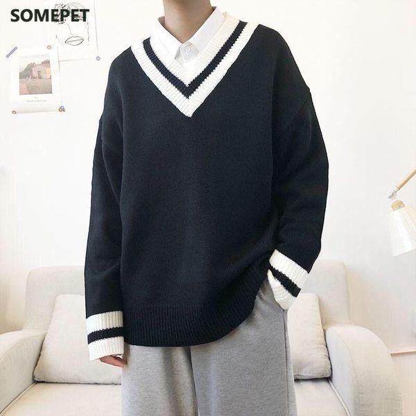 

pullovers men autumn patch designs v-neck plus size 3xl knitted long sleeve sweaters ins trendy casual students pullover, White;black