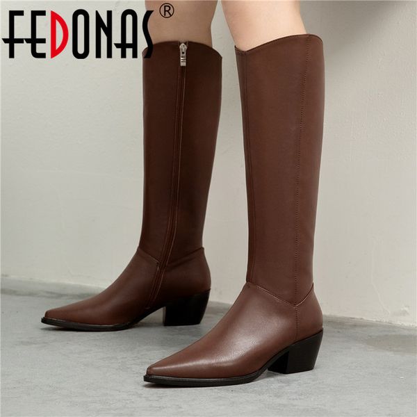 

fedonas 2020 winter safety boots side zipper thick heels shoes woman band design office lady working kee high boots wide calf 1026, Black