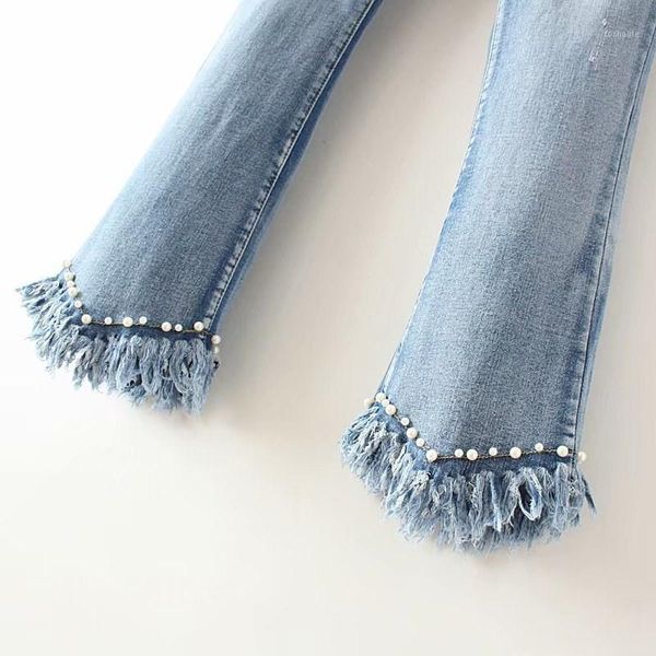 

tide fashion beading tassel women flare jeans casual pocket elastic slim denim pants female plus size trousers1, Blue
