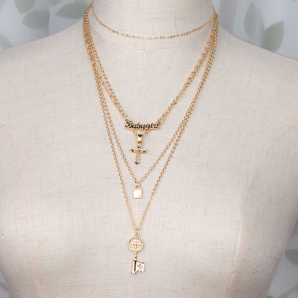 

chokers european and american style multi-layer golden pendant necklace ladies letter key alloy medium long necklace., Golden;silver