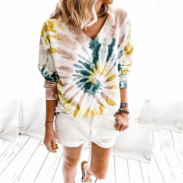 

Women Autumn Winter 2020 V Neck Tie-dyed Printed Long Sleeve Loose Top T-shirt Casual Sweatshirts Tops woman tshirts graphic #704L, White