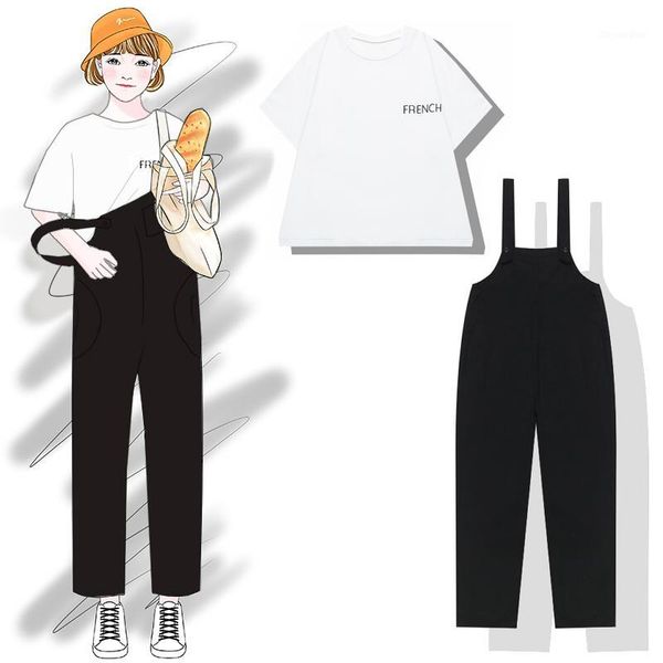 

2019 new fashion women's two piece set spring letter loose short-sleeved t-shirt + wide leg ankle length bib suit1, White