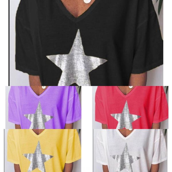 

new printed five-pointed star v-neck short-sleeved new t-shirt printed five-pointed star v-neck short-sleeved t-shirt fthbe, White