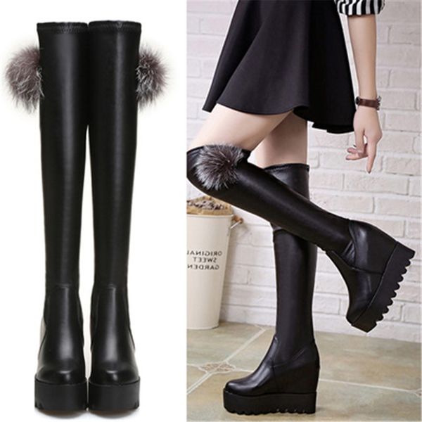 

new 2020 fashion chunky leather over the knee boots height increasing round toe women shoes autumn winter casual long slim boots, Black