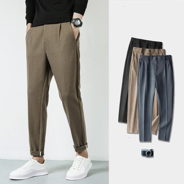 

mens winter fashion casual pants cargo loose british style business woollen pants streetwear trousers 3 color suit, Black