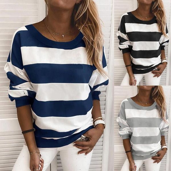 

women fashion o neck long sleeve stripes print loose leisure daily pullover blouse sweatshirt 1, Black