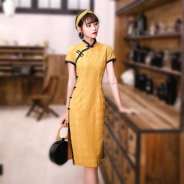 

ethnic clothing sheng coco female yellow lace cheongsam qipao soft cotton pearls chinese style retro everyday dress stunning chipao 3xl, Red