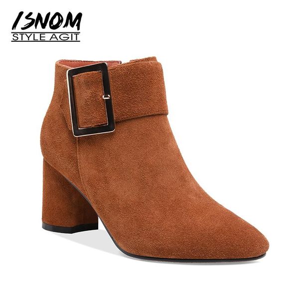 

boots isnom winter high heels ankle women round toe shoes fashion office female autumn cow suede buckle footwear, Black