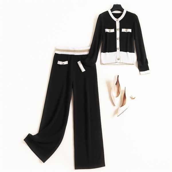 

2020 spring summer long sleeve round neck knitted panelled cardigans sweater + long pants two piece 2 pieces set om2752089, White