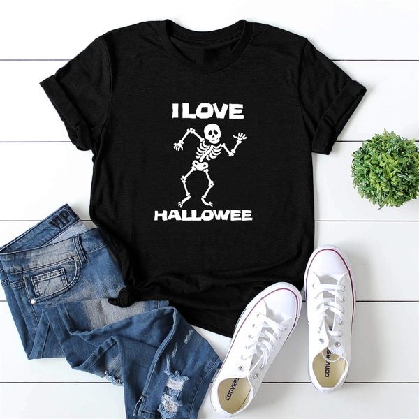 

xt193 summer new personality multicolor halloween i love hallowee skull print pattern round neck short sleeve top, White